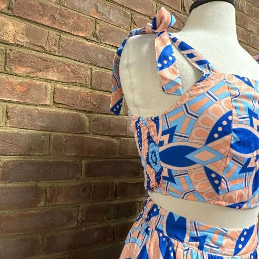 Alania Women’s Blue & Peach 2 Piece Crop Top & Maxi Skirt Sz S NEW